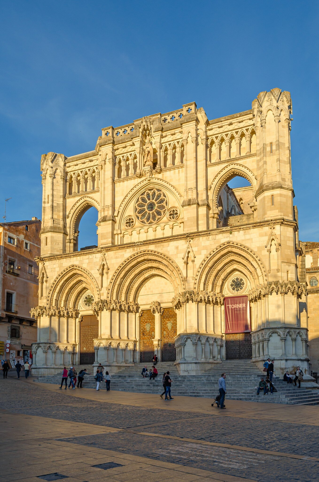 Exterior view of the Catedral de Cuenca during sunset in Cuenca, Spain.