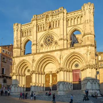 Exterior view of the Catedral de Cuenca during sunset in Cuenca, Spain.