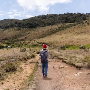 Trekker walks in Horton Plains National Park, Sri Lanka. 