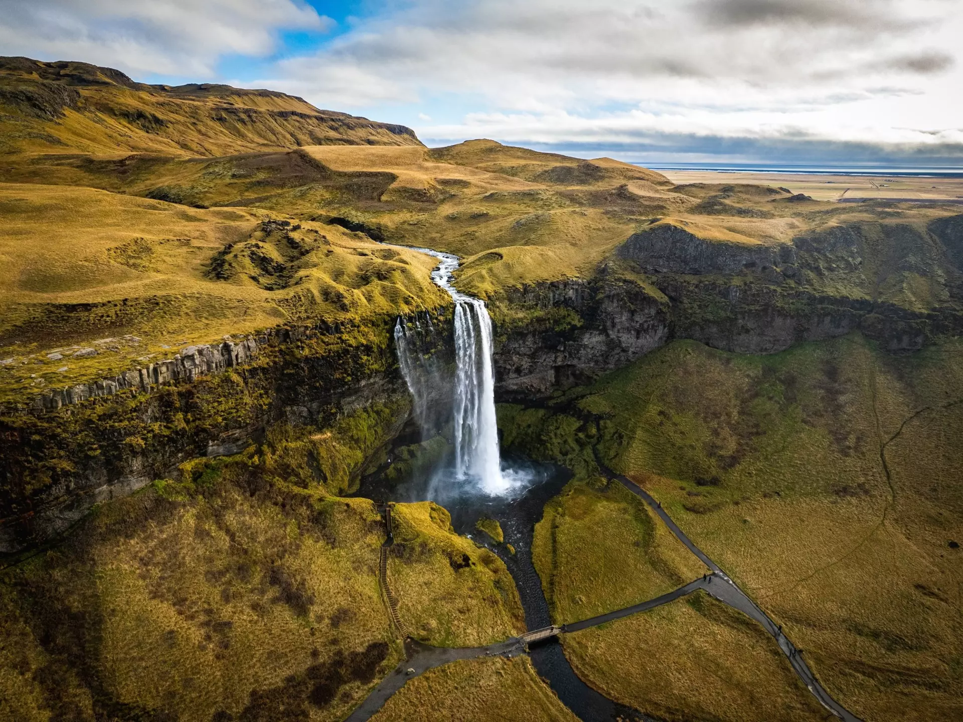 An aerial view of Seljalandsfoss waterfall, Southeast Iceland. Nick Nisperos/Shutterstock