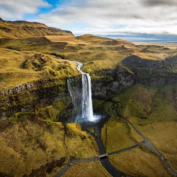 An aerial view of Seljalandsfoss waterfall, Southeast Iceland. Nick Nisperos/Shutterstock