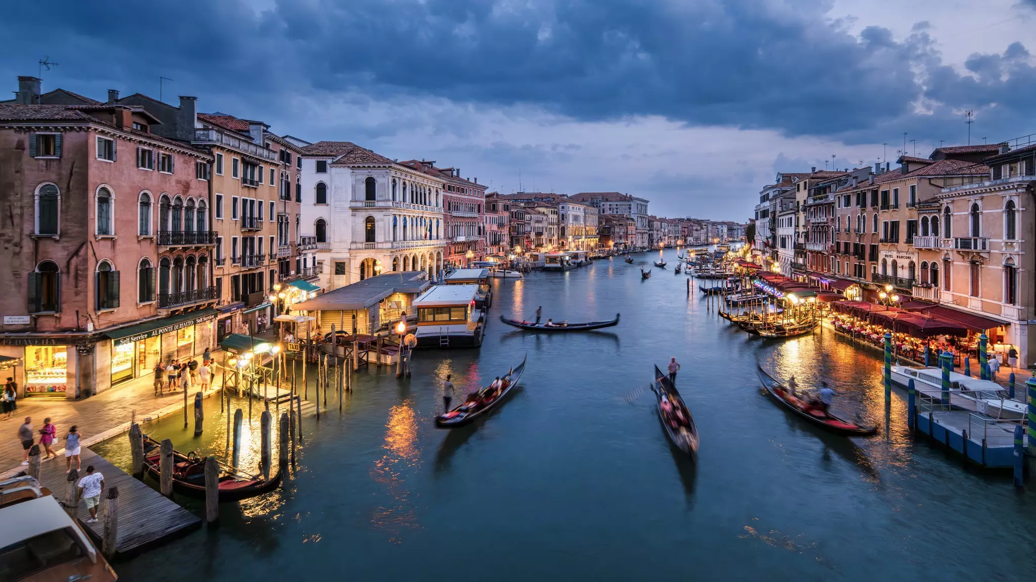View over canal at night, Venice, Veneto, Italy.