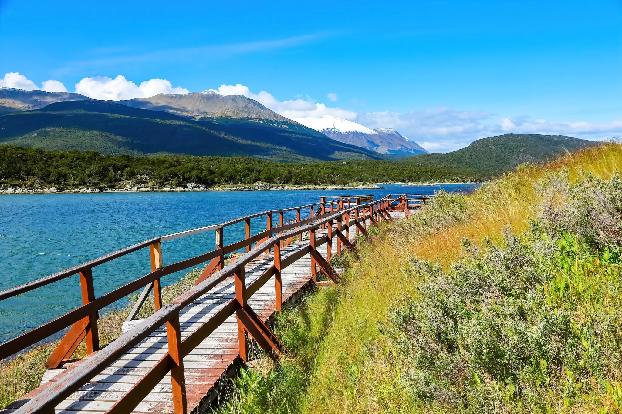View of a boardwalk pathway in the Tierra del Fuego National Park near Ushuaia in the southernmost point of Argentina.