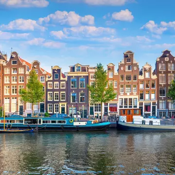 Traditional houses and bridges in Amsterdam. 