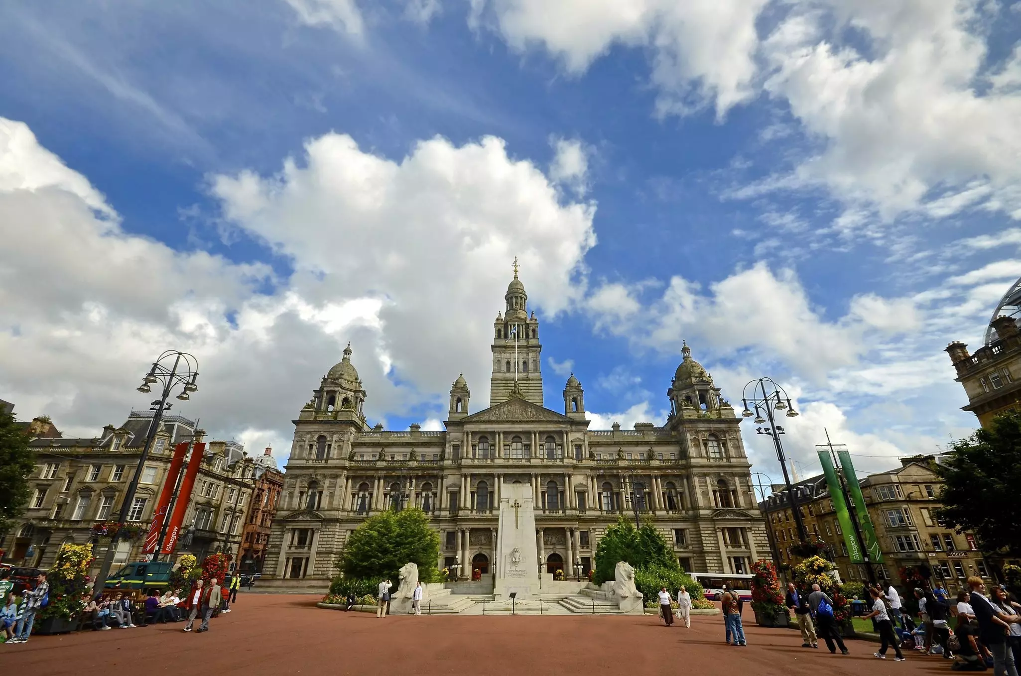 A sunny day in George Square, Glasgow. The beautiful sandstone architecture surrounds the square