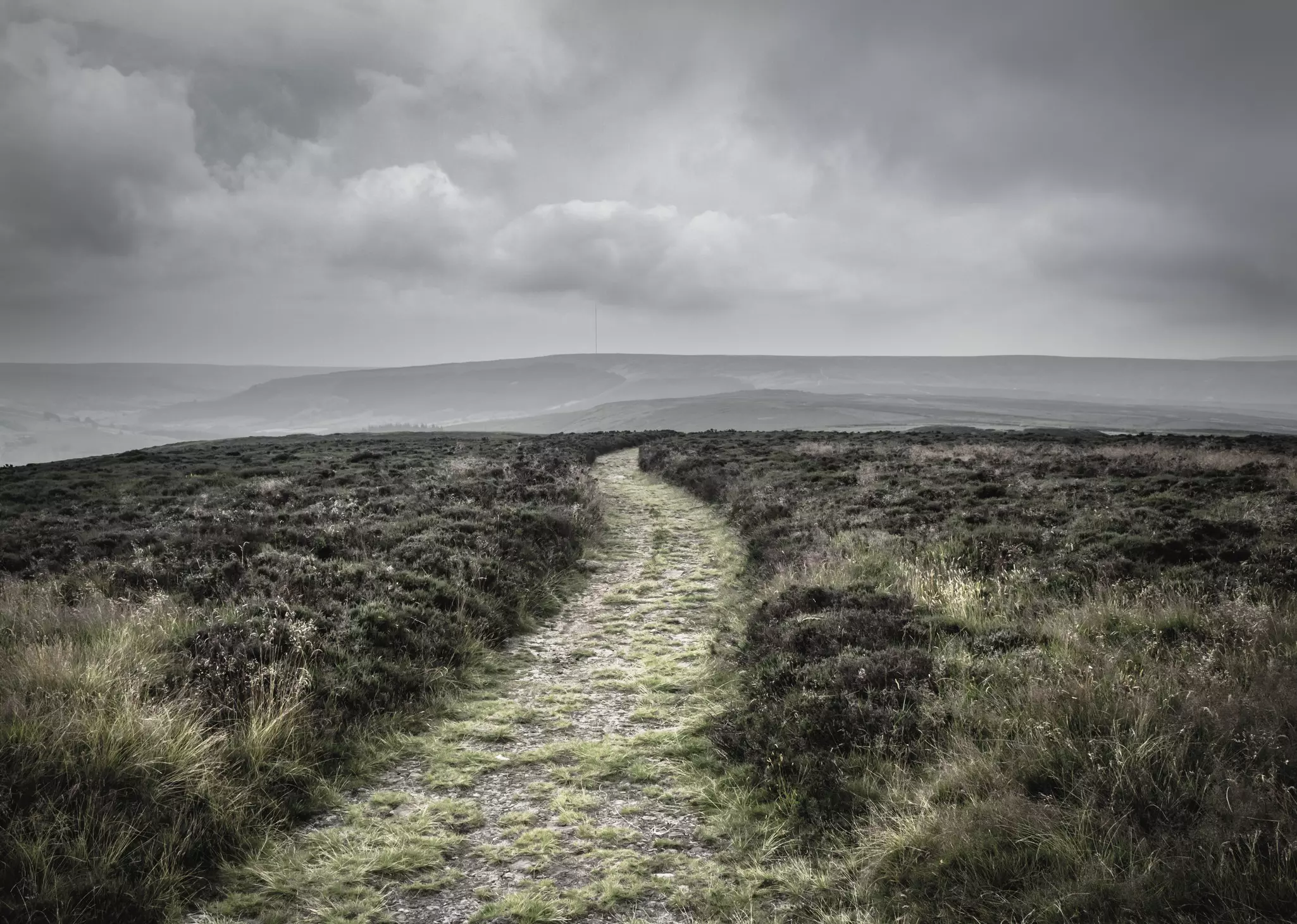 The sun sets lighting up the grey clouds in the sky. There's purple heather in the foreground, and uninterrupted countryside stretching into the distance