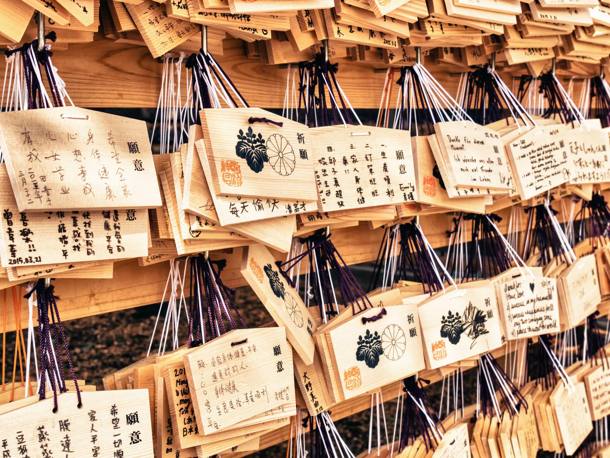 Wooden plaques bearing written prayers hang from pegs at a temple.