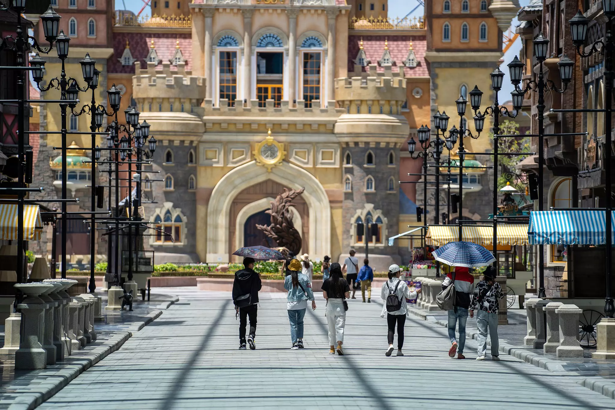 Theme park street with castle