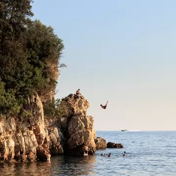 Swimmer leaps from a rocky, tree-topped headland into calm sea near Antibes, France, as others tread water below
