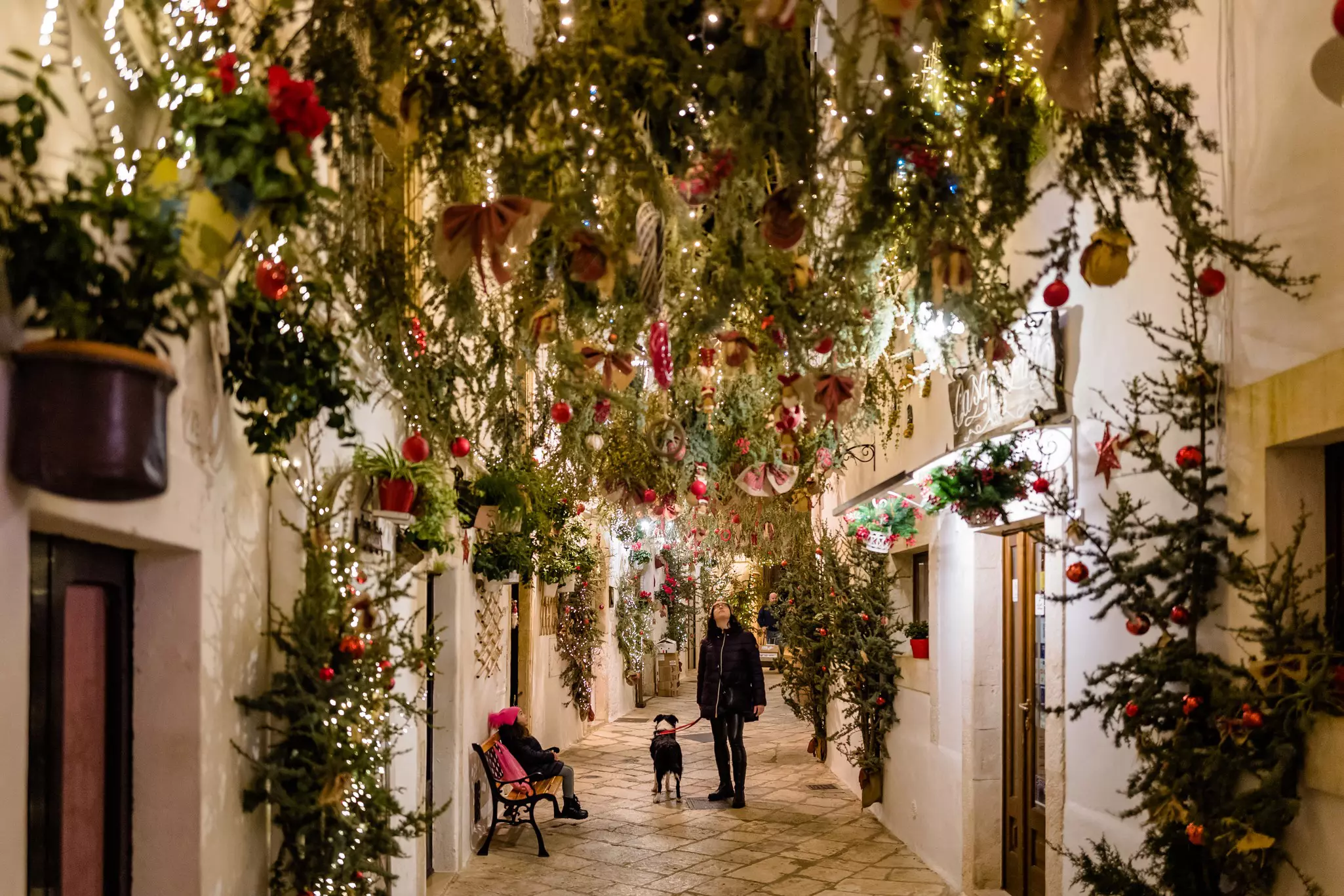 Christmas lights and decorations strung over a pedestrian alley with white buildings.