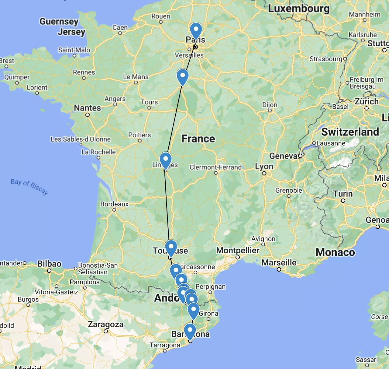 Paris to Latour-de-Carol–Enveitg in the Pyrenees and onto Barcelona 