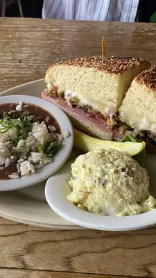 Muffuletta, potato salad, and rice and beans from Napoleon House. 