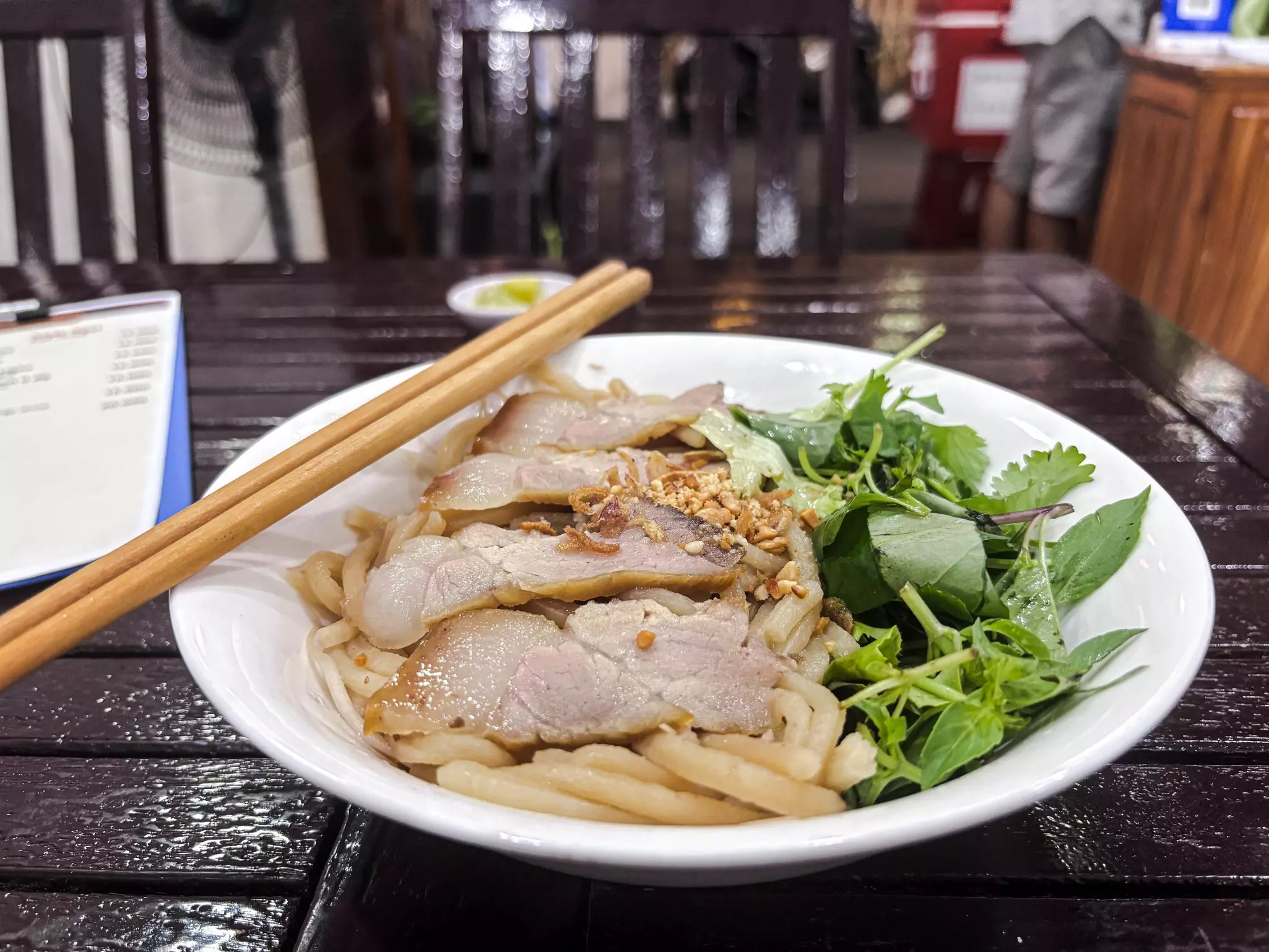 A close-in shot of a dish of wide noodles with pork and greens.