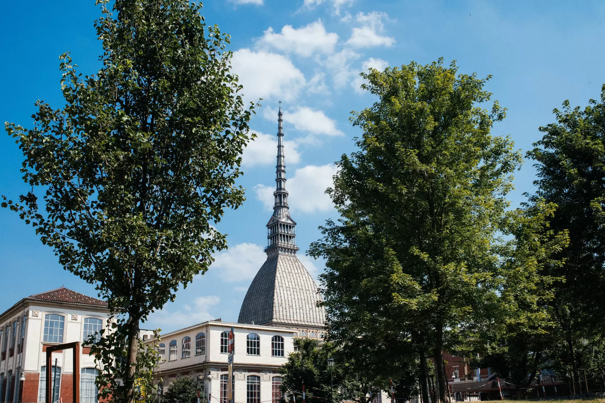 The roofline turret with surrounding trees at the Mole Antonelliana in Torino, Italy. 