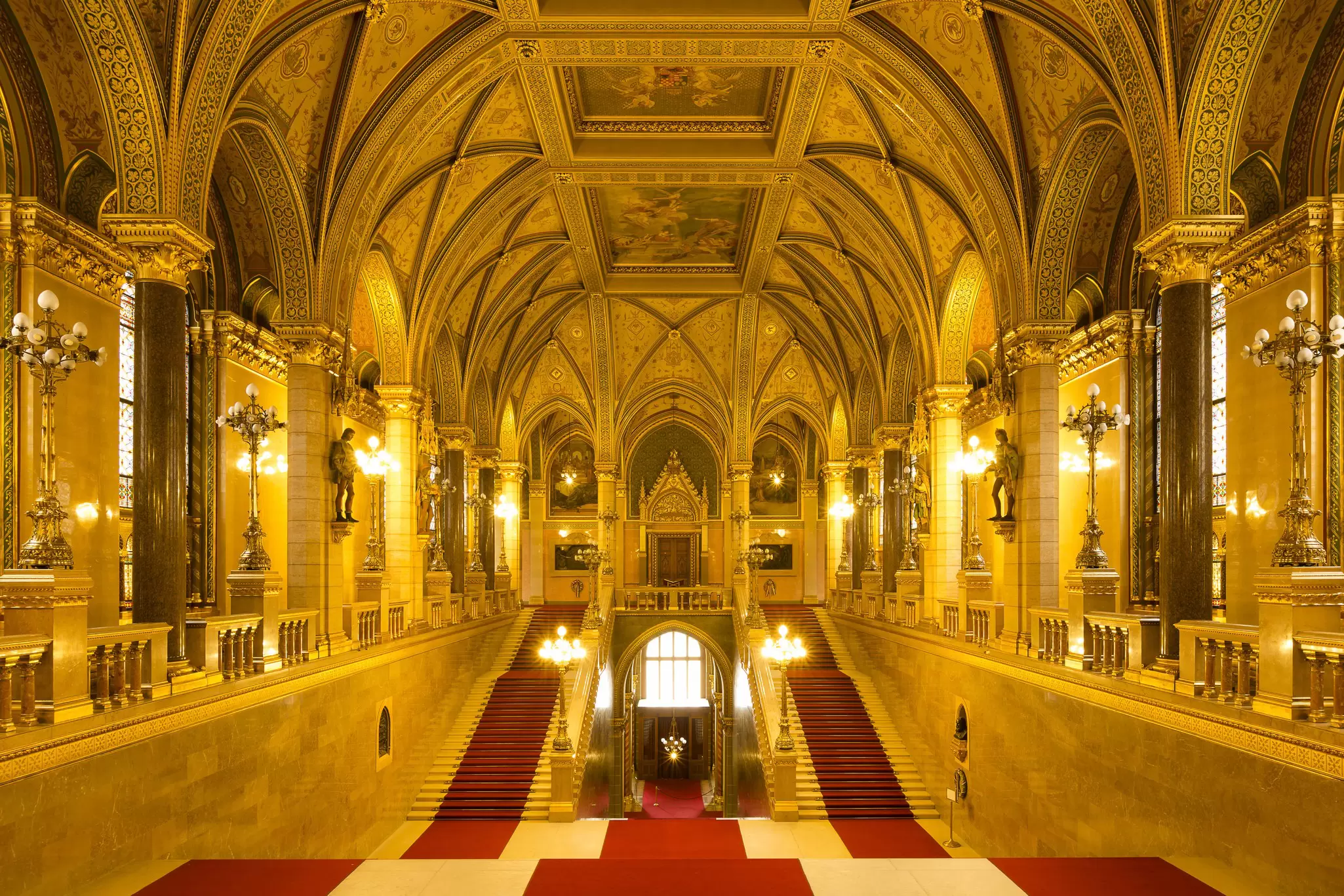 View of the Golden Staircase inside the Parliament in Budapest, Hungary.
