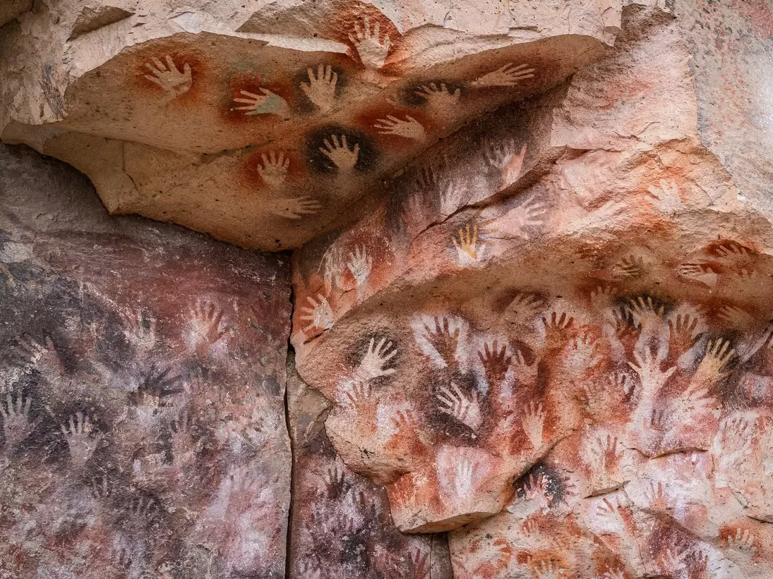 Prehistoric hand paintings at the Cave of the Hands (Spanish: Cueva de Las Manos) in Santa Cruz Province, Patagonia, Argentina. 