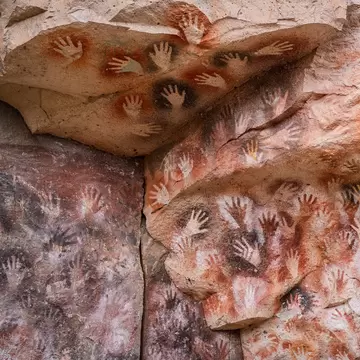Prehistoric hand paintings at the Cave of the Hands (Spanish: Cueva de Las Manos) in Santa Cruz Province, Patagonia, Argentina. 