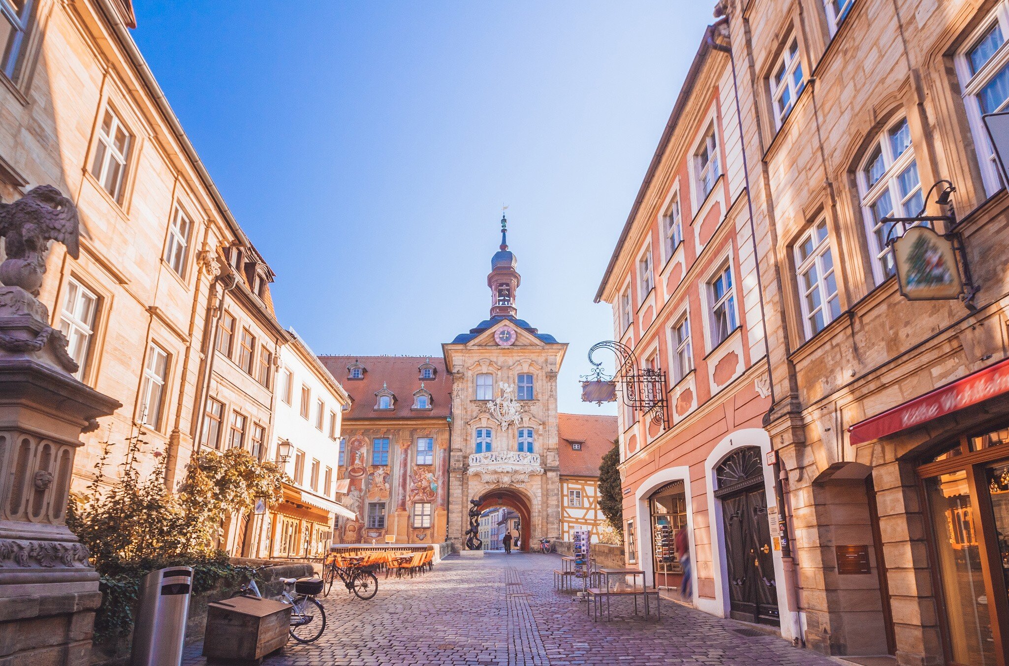 Morning in Bamberg, Germany, with street view of the city's Altes Rathaus. 