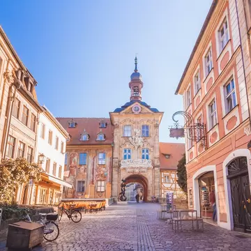 Morning in Bamberg, Germany, with street view of the city's Altes Rathaus. 