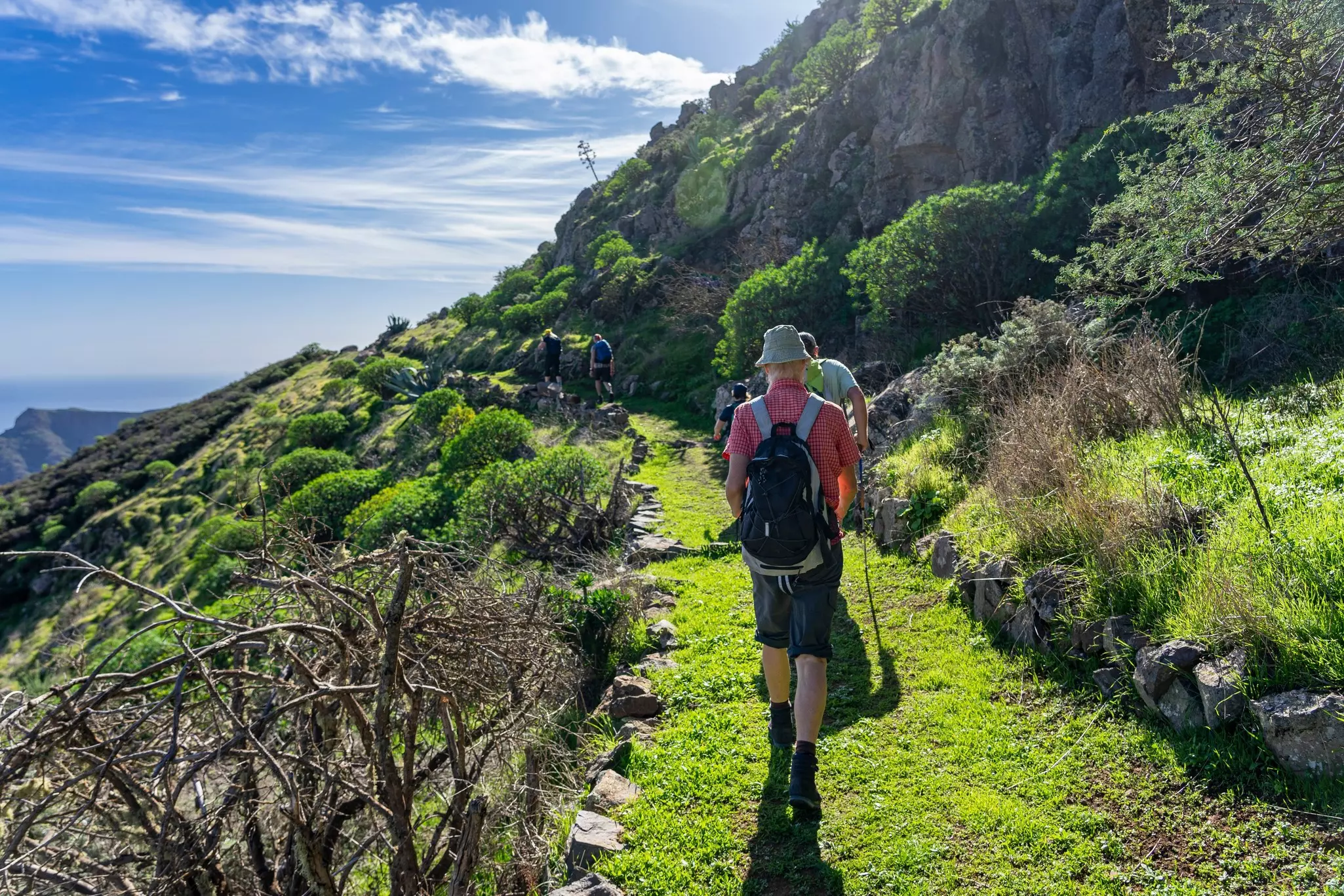 Hikers on a grassy path on the edge of a steep hillside in Spain's Canary Islands.