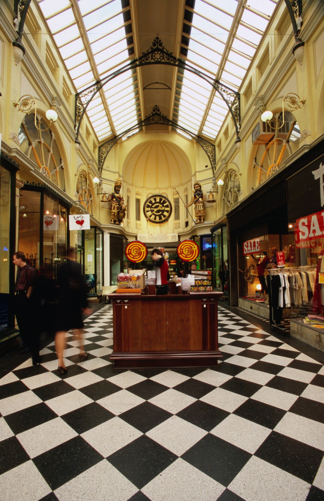 Interior of Royal Arcade with checkered floors in Melbourne, Australia.