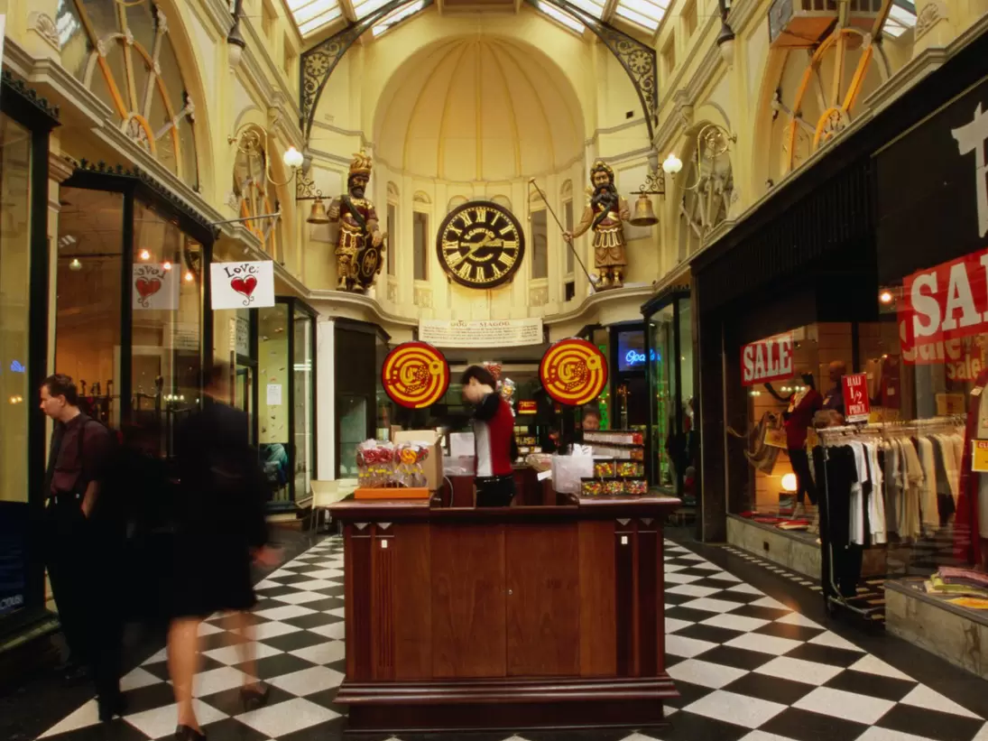 Interior of Royal Arcade with checkered floors in Melbourne, Australia.