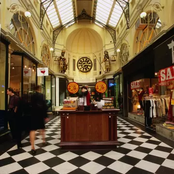 Interior of Royal Arcade with checkered floors in Melbourne, Australia.