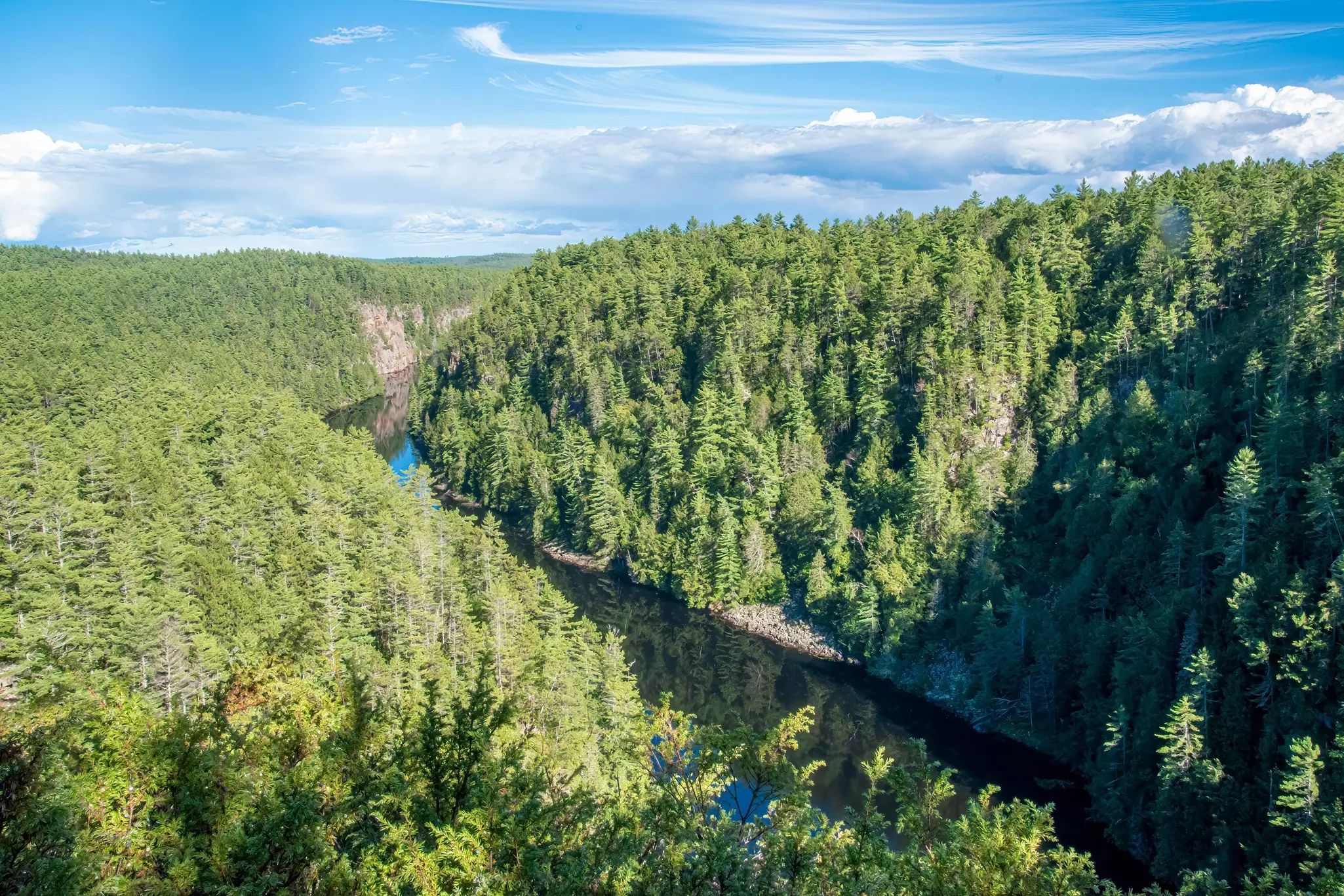 A river cuts through a green forested canyon in eastern Ontario, Canada, on a sunny day.