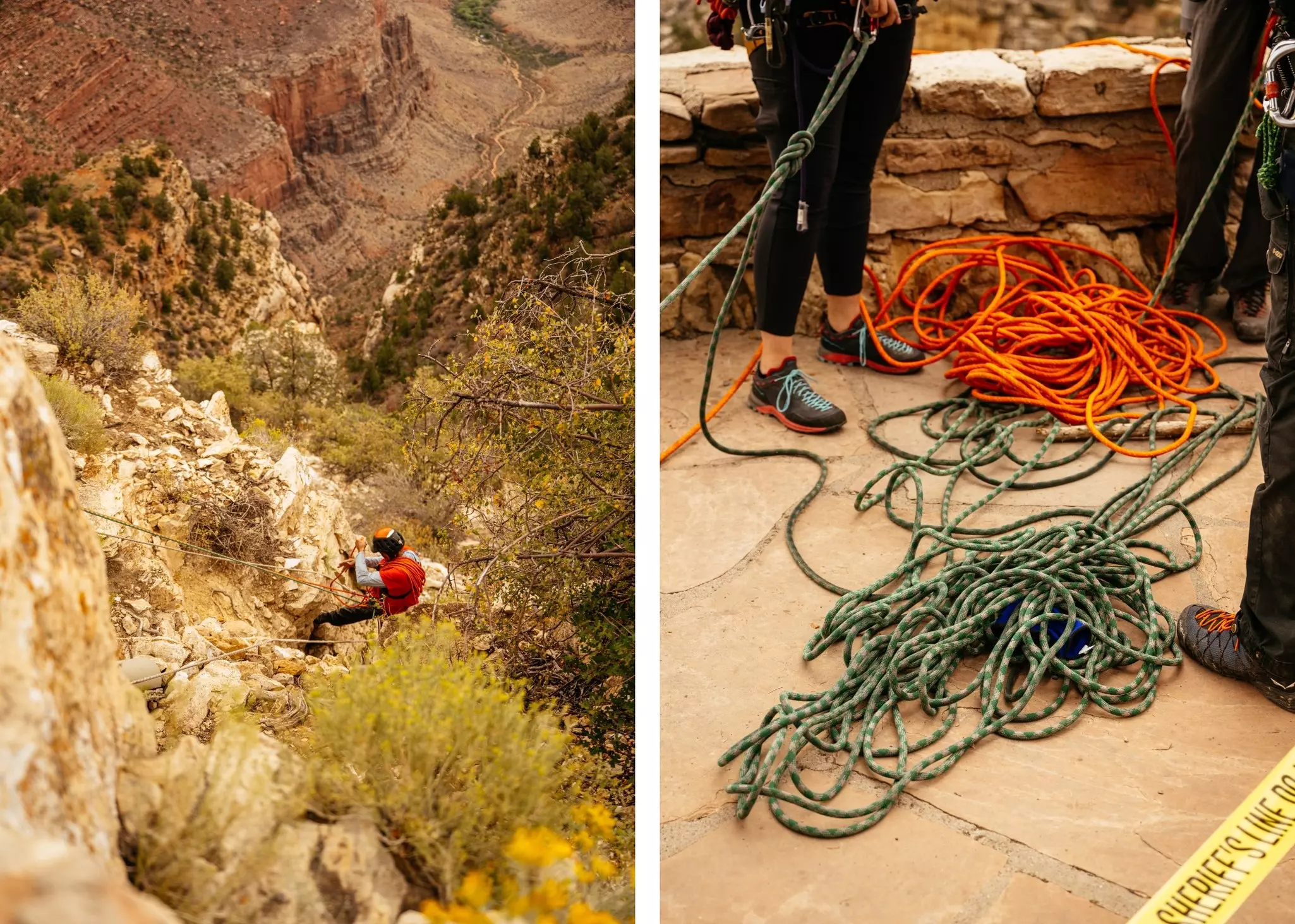 Two photos. At left, a person making their way down the side of a mountain. At right, orange and green ropes rest at the feet of two people.