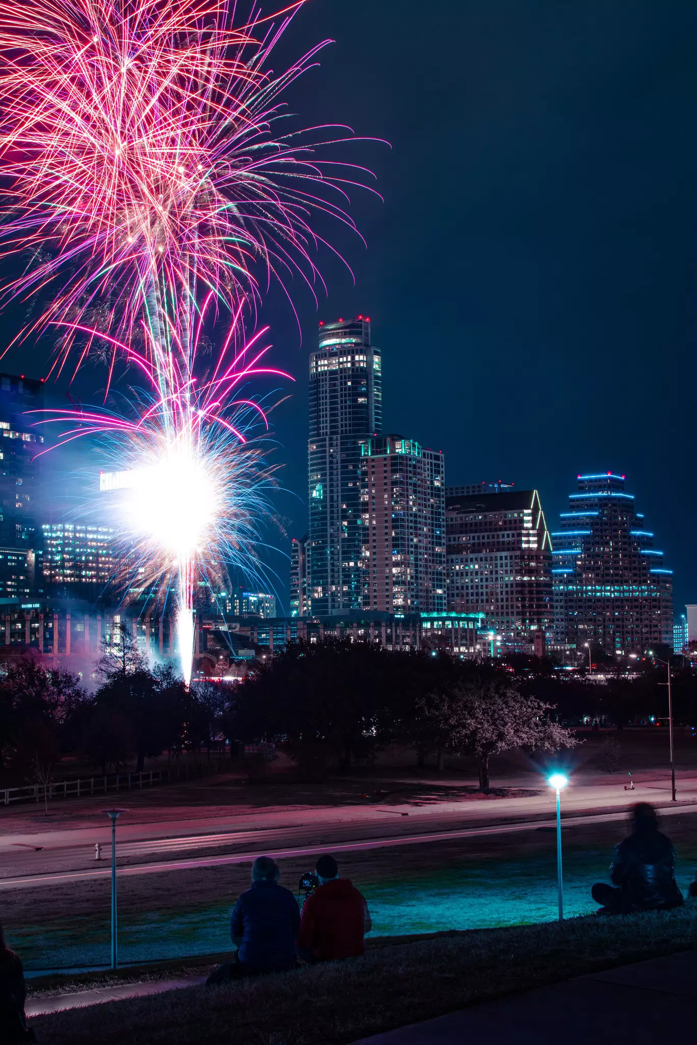 Firework show on New Years Eve in downtown Austin.