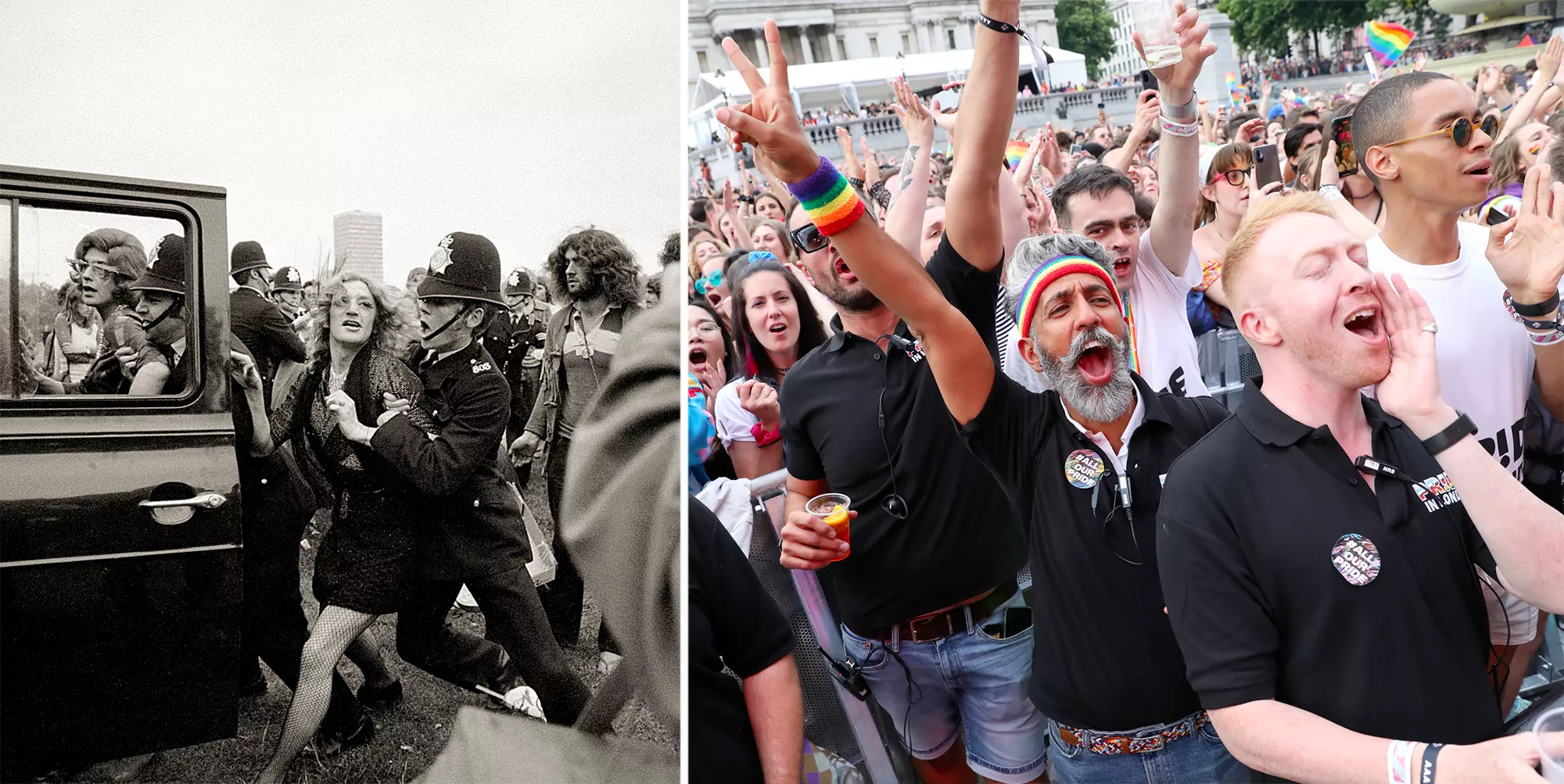 Queer history in Trafalgar Square: members of the Gay Liberation Front are arrested, September 1971 (left); Pride’s 50th Anniversary © Getty Images