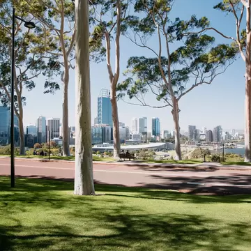 Unrecognizable people sitting on a bench in Kings Park, Perth, enjoying the view of the cities skyline on a sunny day.