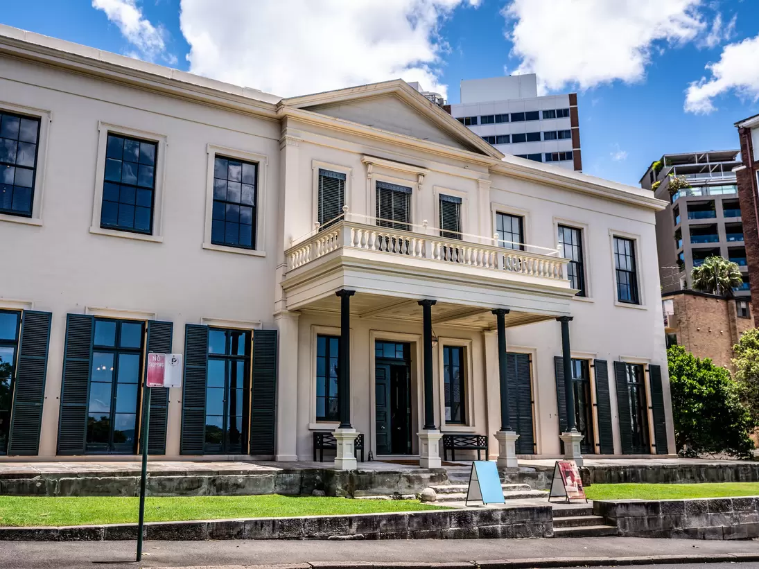 Exterior view of Elizabeth Bay House with an old Australian colonial regency architecture style in Sydney NSW Australia.