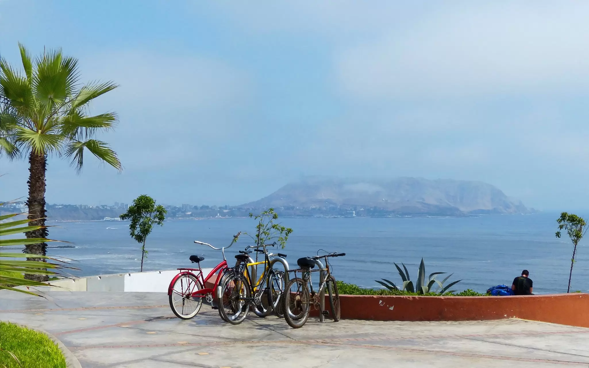 Bikes parked along the edge of the waterfront in the Miraflores district of Lima. 