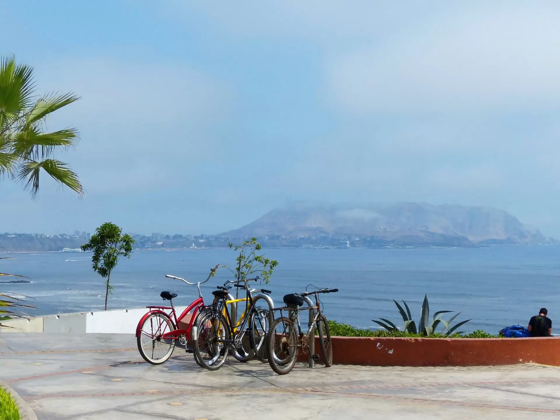 Bikes parked along the edge of the waterfront in the Miraflores district of Lima. 