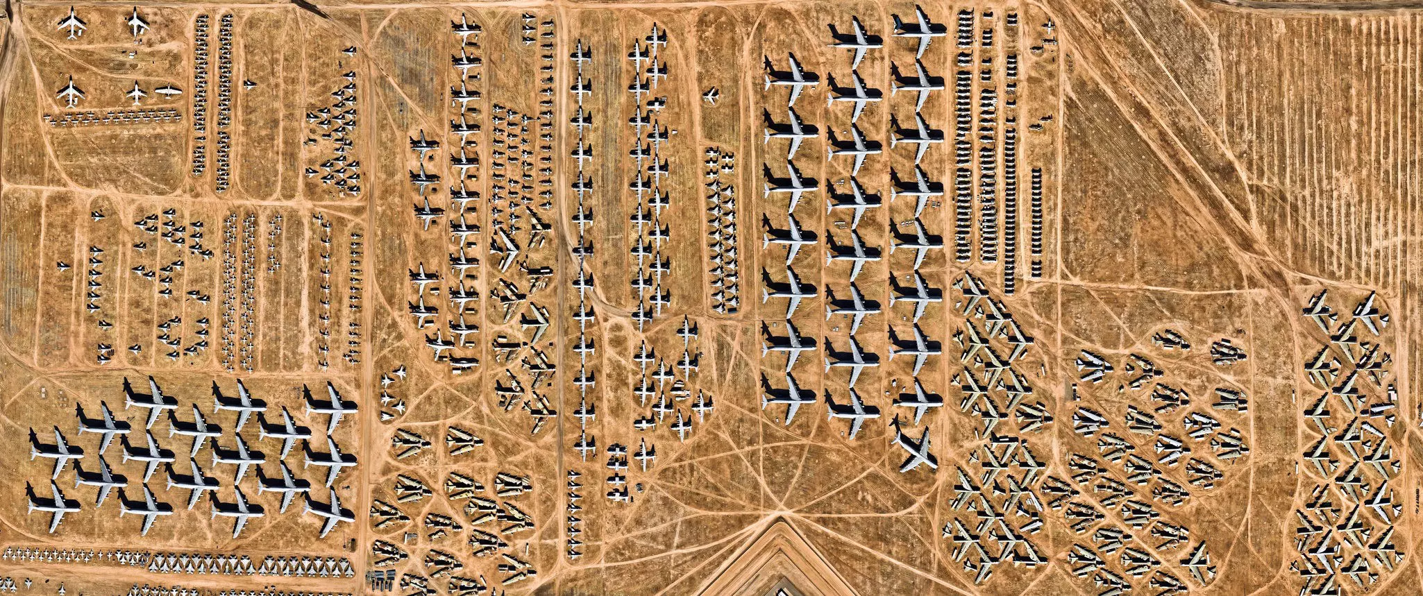 Panoramic aerial of the Davis-Monthan Air Force Base Aircraft Boneyard in Tucson.