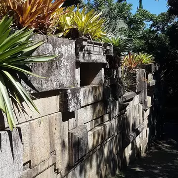A sculptural concrete wall with tropical plants on top at Sítio Burle Marx in Rio de Janiero, Brazil.
