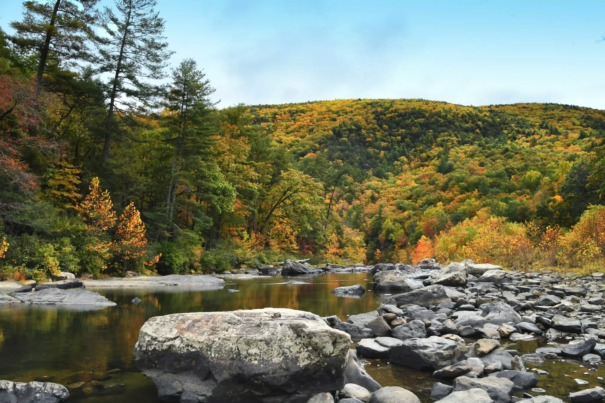 A river running through countryside during autumn, as the leaves on the trees turn gold, orange and yellow.