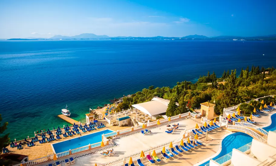 Aerial view of a seaside luxury hotel in Corfu, Greece