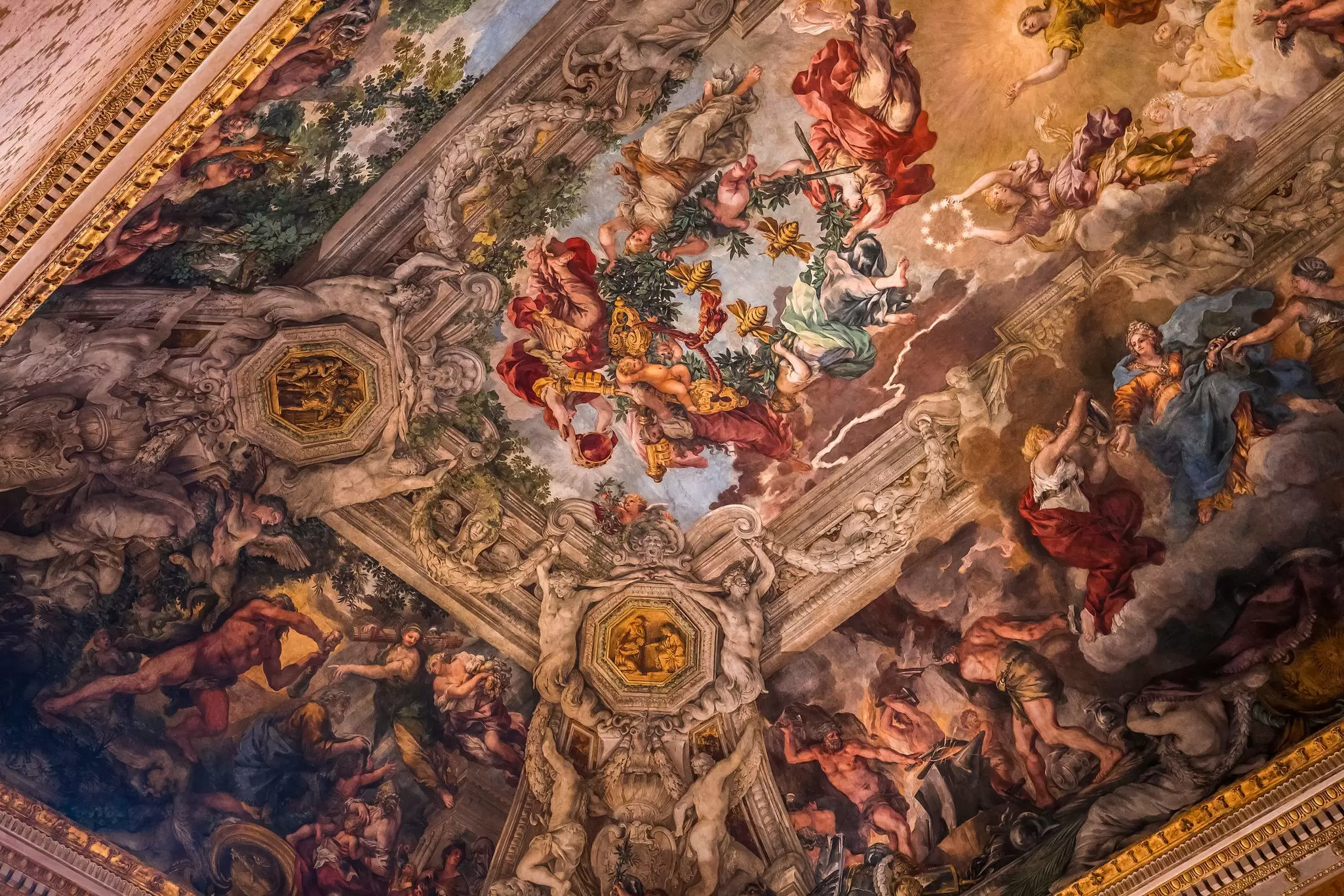 View of the ceiling fresco 'Il trionfo della divina provvidenza' (The Triumph of Divine Providence) by Pierre de Cortone, in the Palazzo Barberini in Rome, Italy.