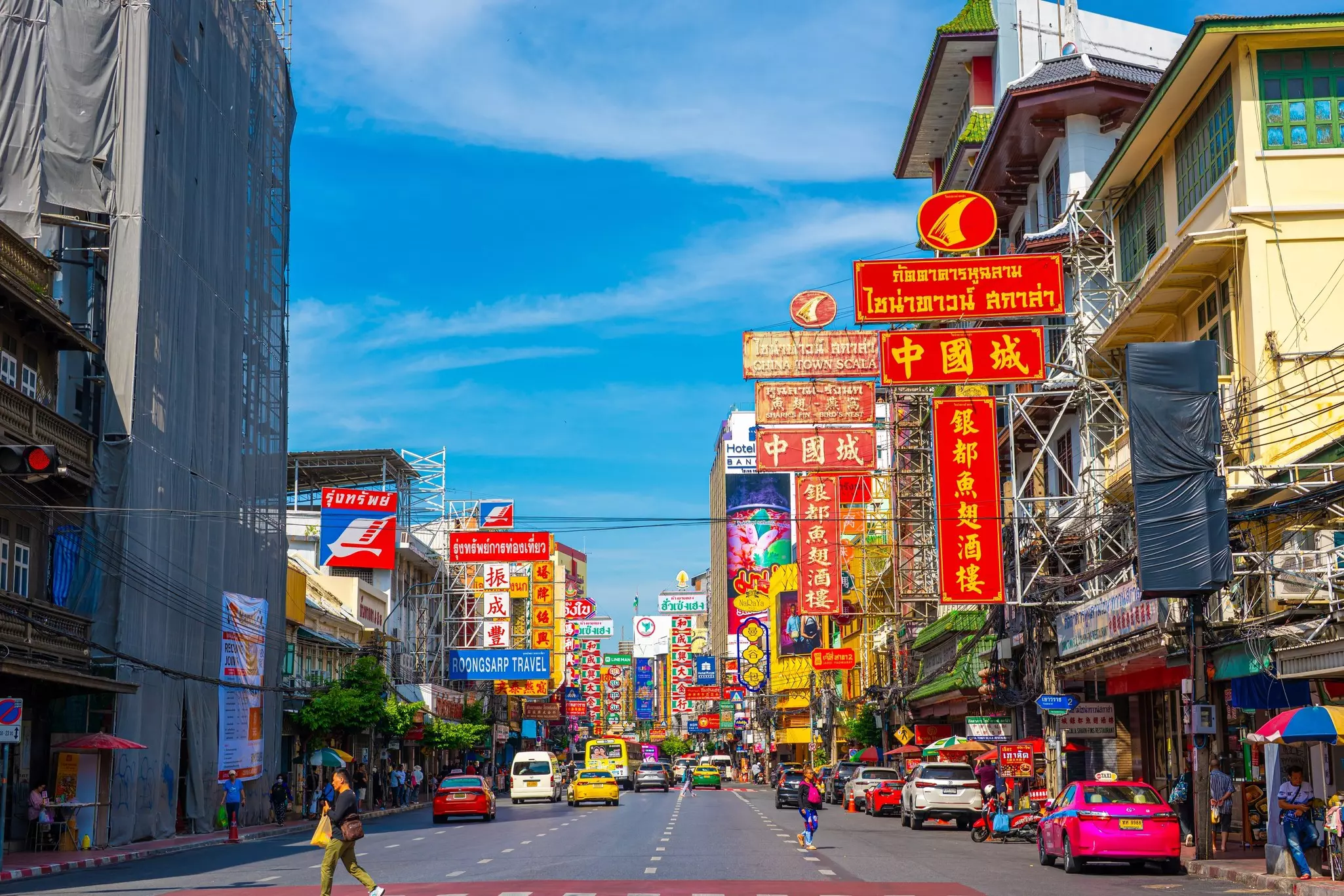 Colorful signs along Yaowarat Road in the Chinatown district of Bangkok. 