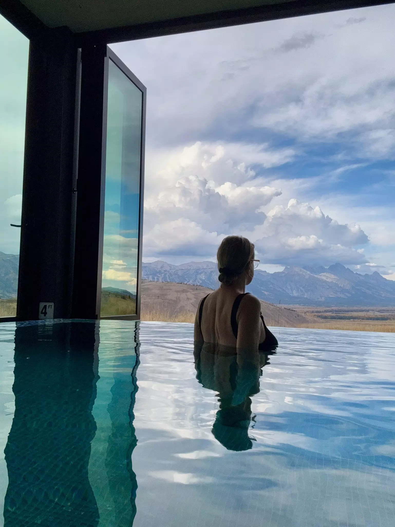 The author in the infinity pool at Hotel Yellowstone in Jackson Hole, Wyoming.