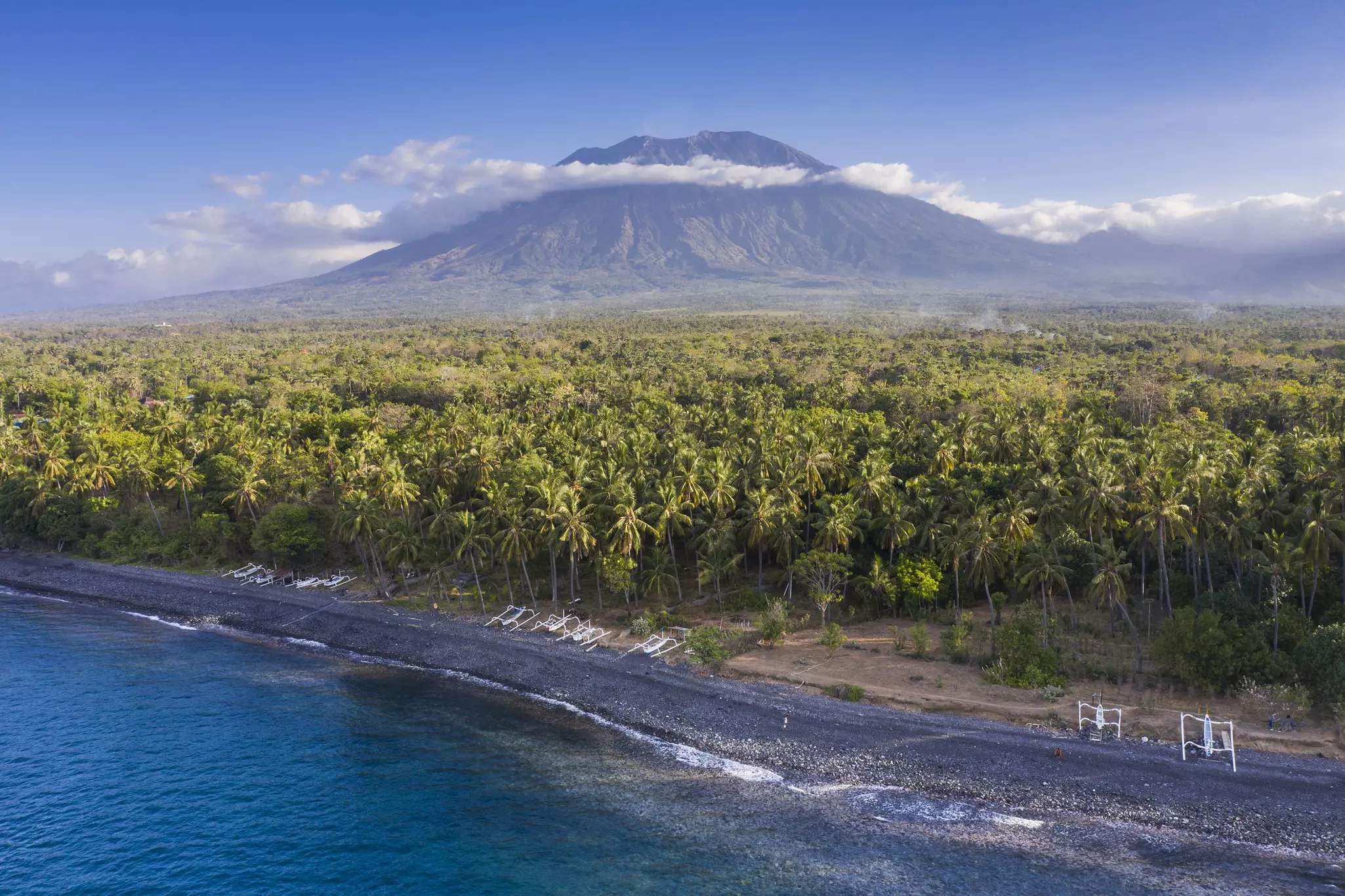 A view from the coast towards the Gunung Agung volcano, Bali, Indonesia.