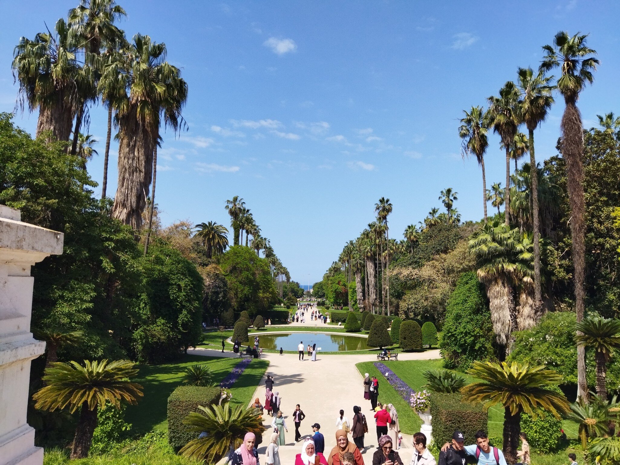 Crowd walking from fountain and palm trees in Botanical garden El-Hamma beautiful and colorful background, Algiers - Algeria.
