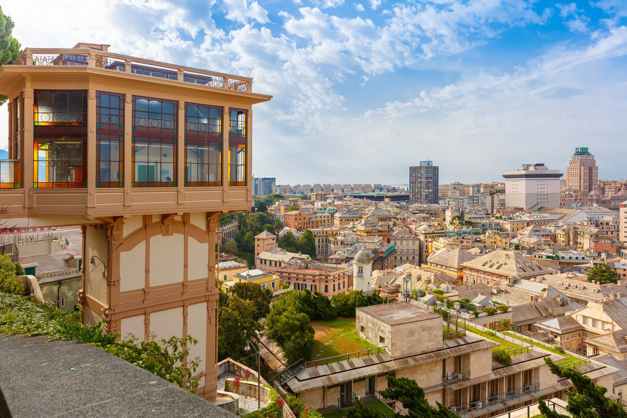 The public elevator Castelletto with the city in the background near the viewing platform Spianata Castelletto.