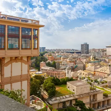 The public elevator Castelletto with the city in the background near the viewing platform Spianata Castelletto.