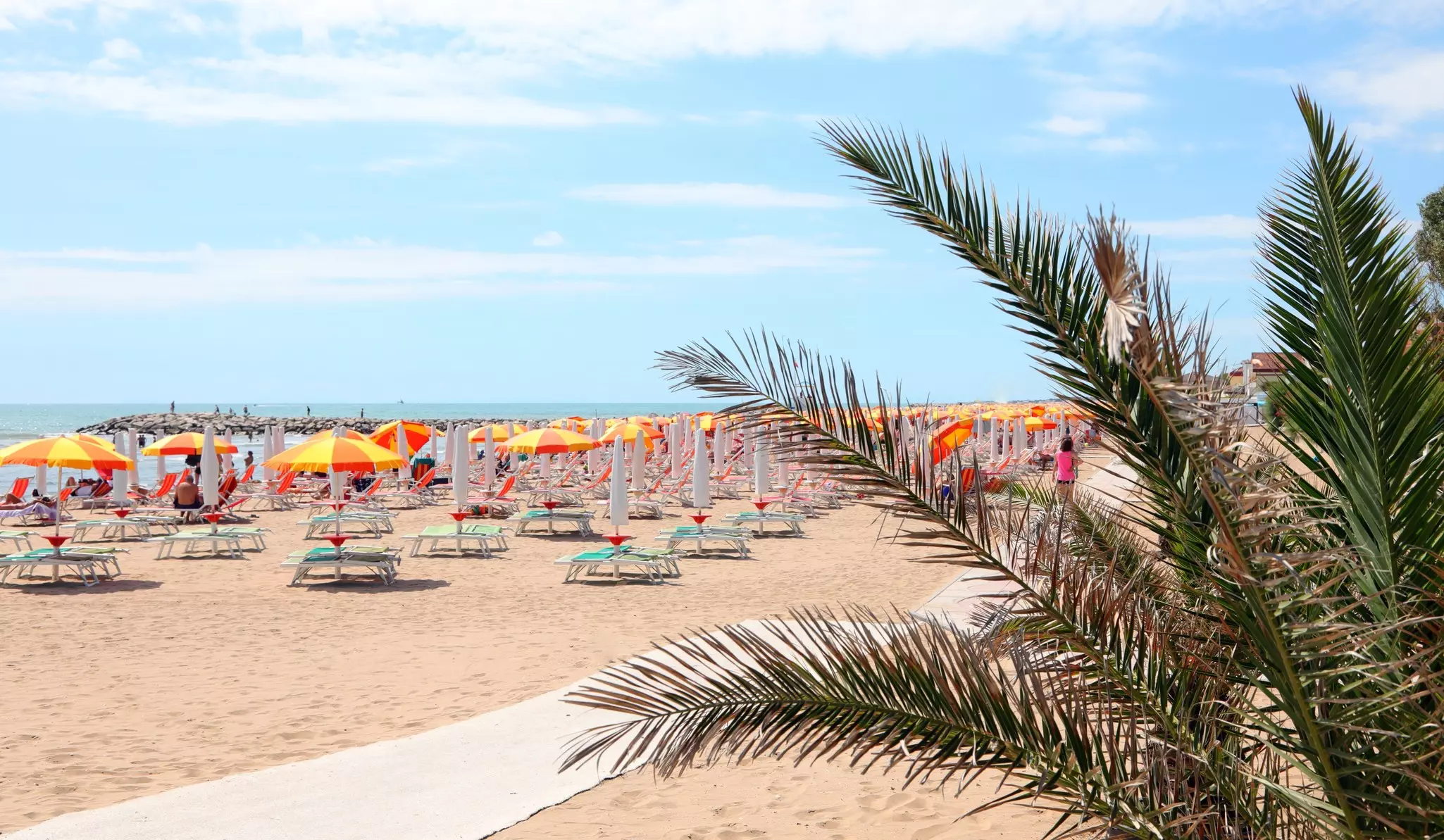 A sandy beach lined with sunloungers and shades. 