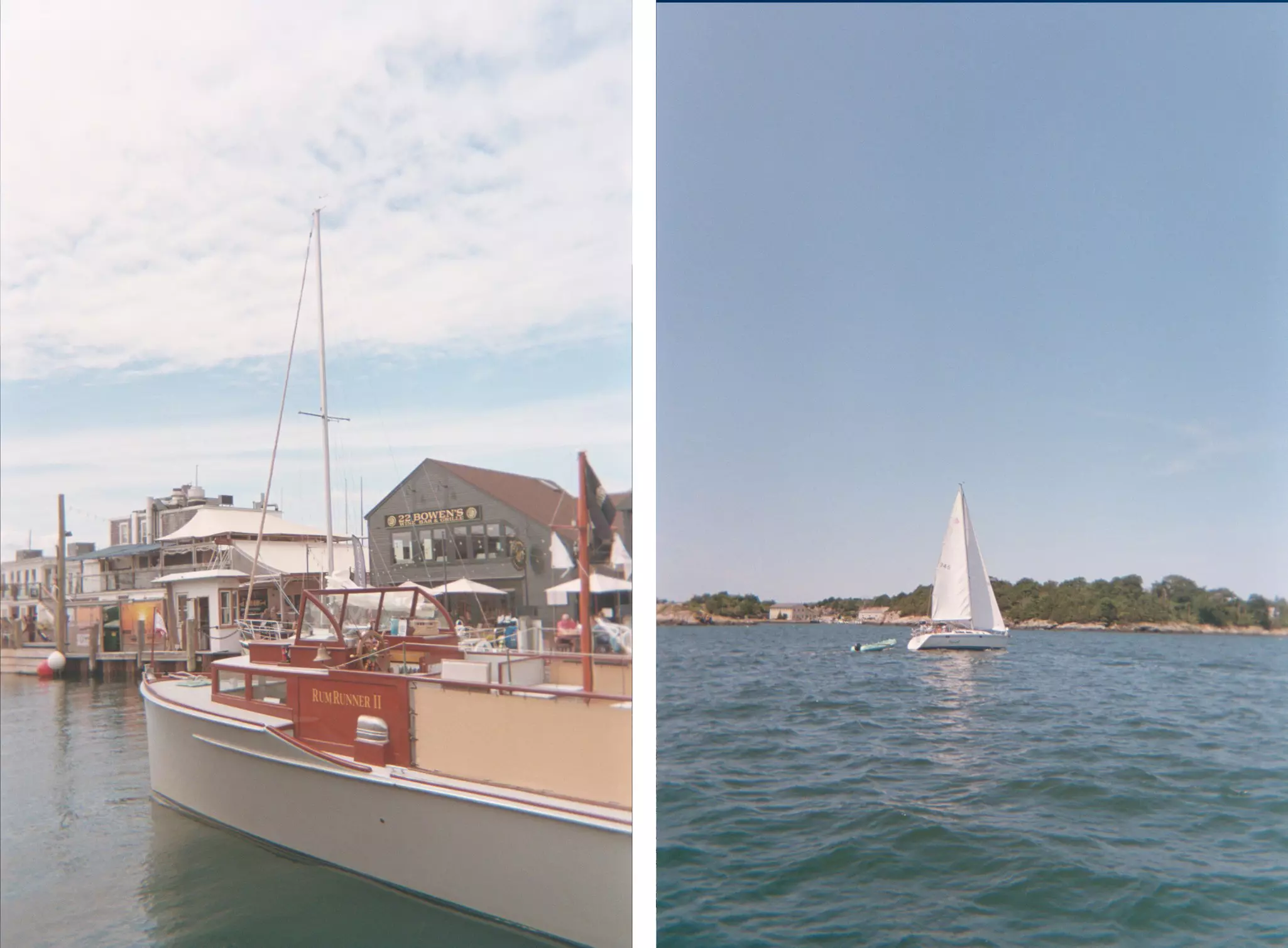 Left, Boats sitting in the dock at Newport RI. Right, Sailing in Newport, RI