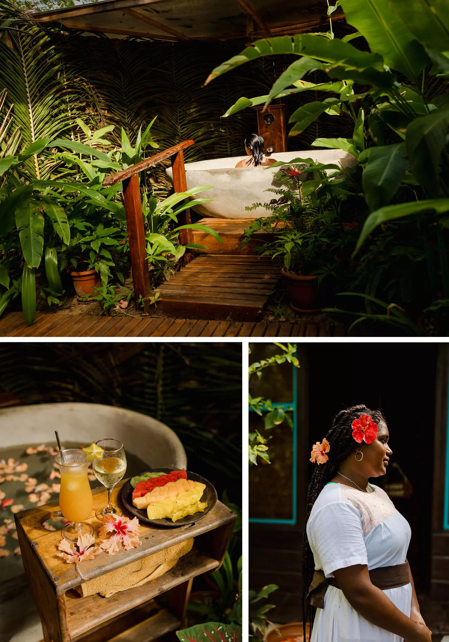 From the top, in a clockwise direction: A woman sits in a bath surrounded by plants; a member of staff at the spa dressed all in white wears two pink flowers in her hair; a platter of fruit, a juice and a glass of wine next to a bathtub full of petals.