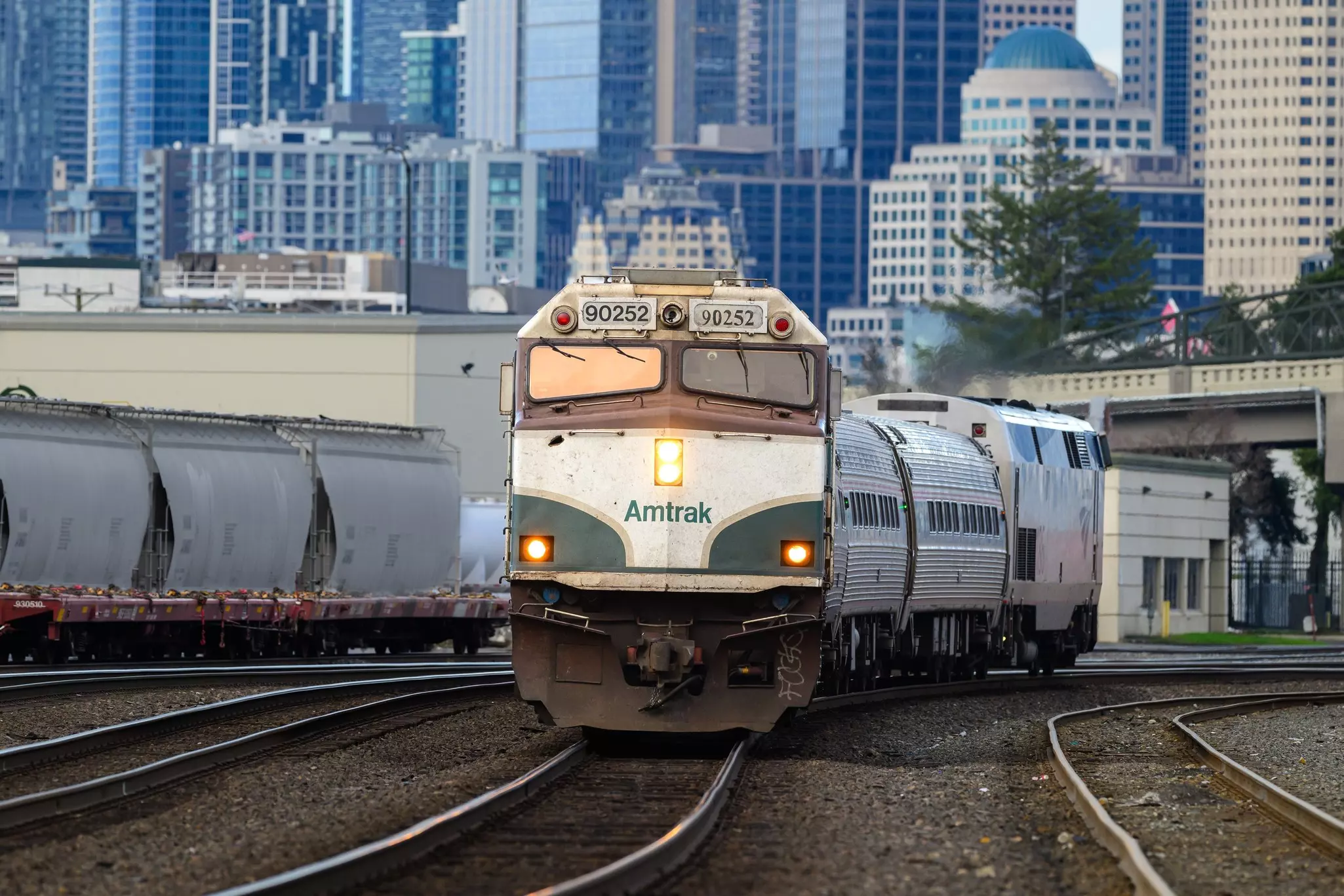 The Amtrak Cascades Pacific Northwest passenger train departs southbound from Seattle, USA.